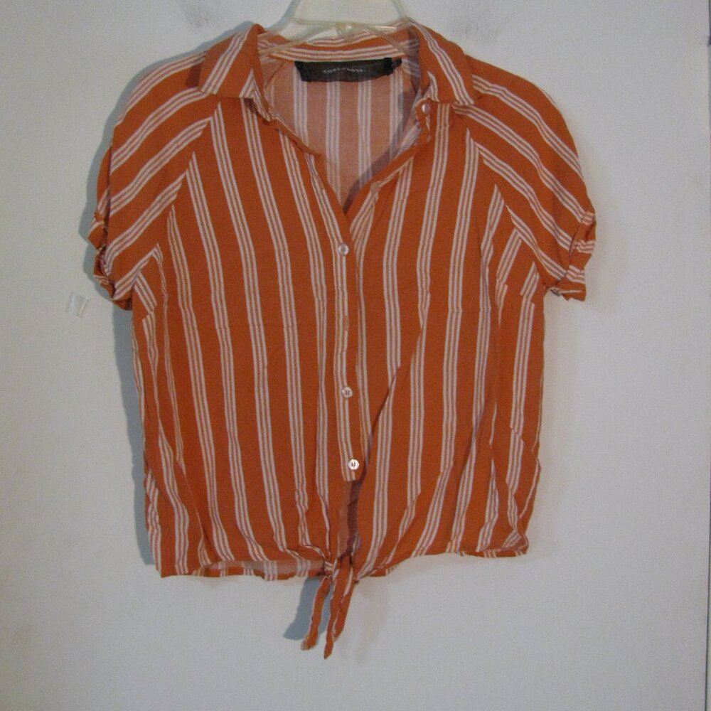 ** Code X Mode Blouse Small Orange White Stripes Tie Front Button Up